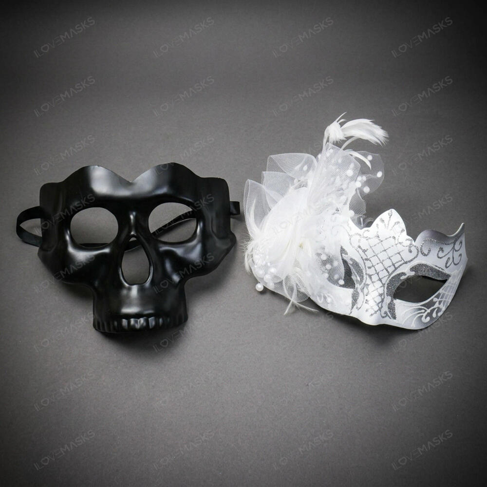 Skull and Feather Masquerade Halloween Party mask Black White